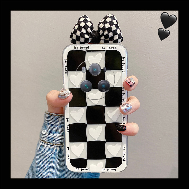 手机壳ins风爱心棋盘格立体毛绒绒布蝴蝶结