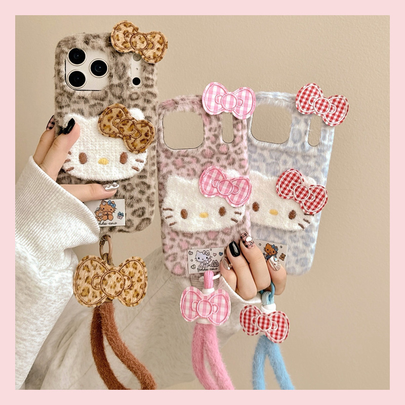 手机壳秋冬毛绒可爱卡通豹纹KT猫凯蒂猫手链