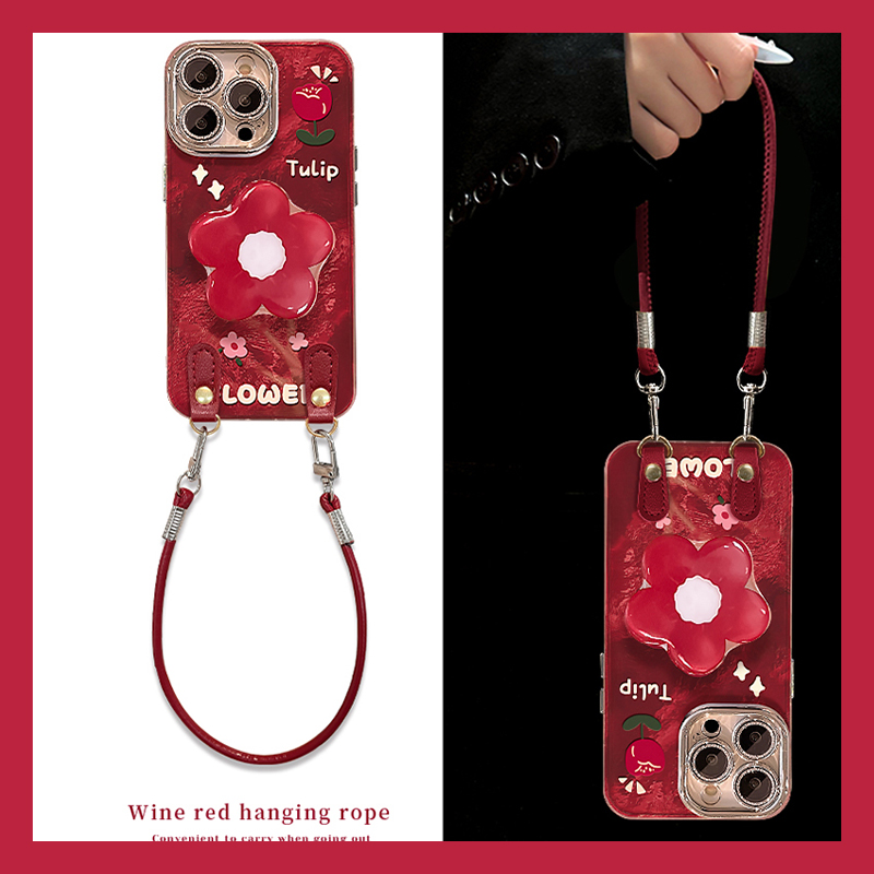 手机壳硅胶冰川纹红色立体花朵支架带手提绳