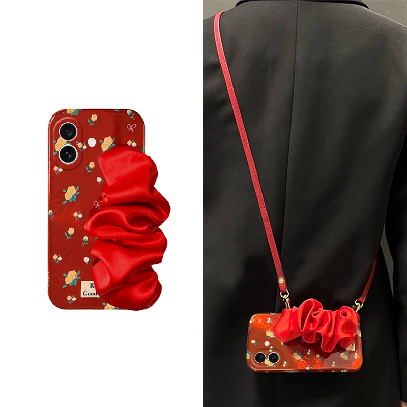 手机壳硅胶红色ins风花朵丝巾腕带斜跨挂绳