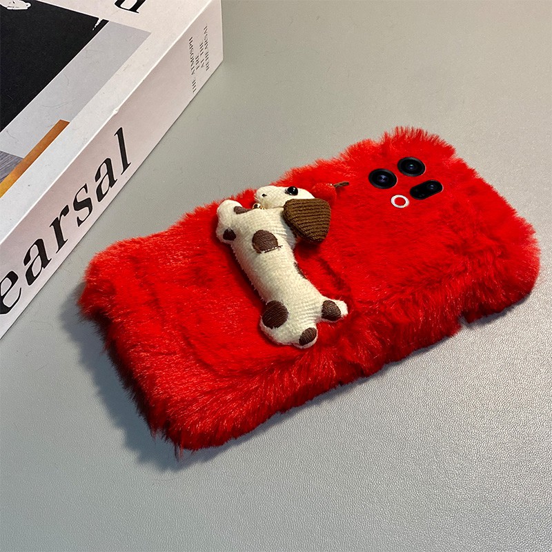 手机壳秋冬毛绒卡通波点腊肠狗