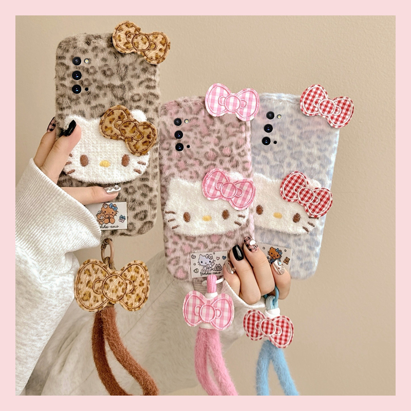 手机壳秋冬毛绒立体可爱卡通豹纹KT猫凯蒂猫