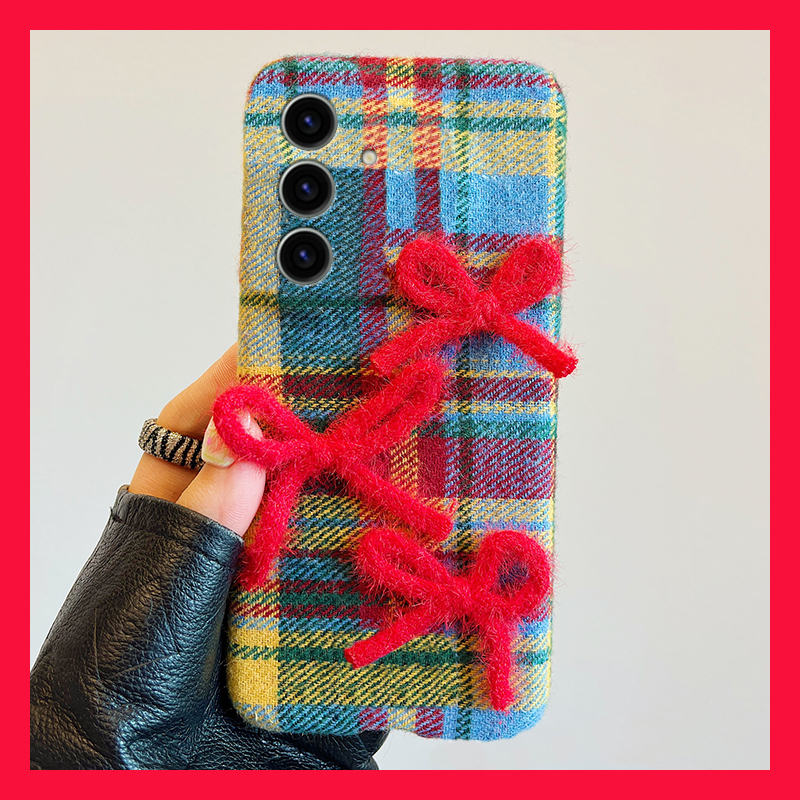 手机壳秋冬绒布彩色格子格纹立体蝴蝶结