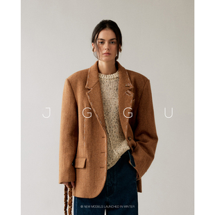 呢面料手工彩色缝线西装 100%羊毛花式 女 VTG美学 晶咕黑标JGGU