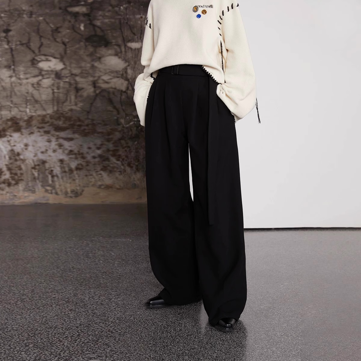 晶咕黑标黑色阔腿西装裤高腰长裤