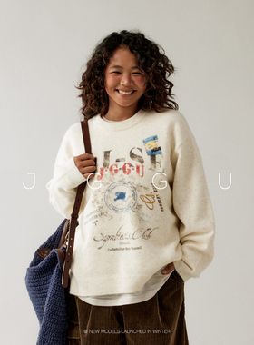 【穆祉丞同款】晶咕黑标JGGU花式拉毛工艺美式印花绵羊毛毛衣女