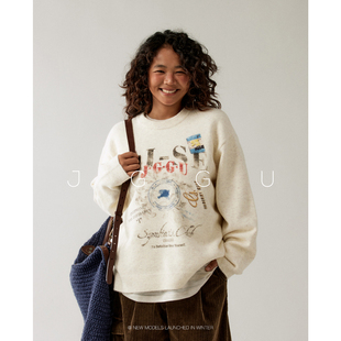 【穆祉丞同款】晶咕黑标JGGU花式拉毛工艺美式印花绵羊毛毛衣女