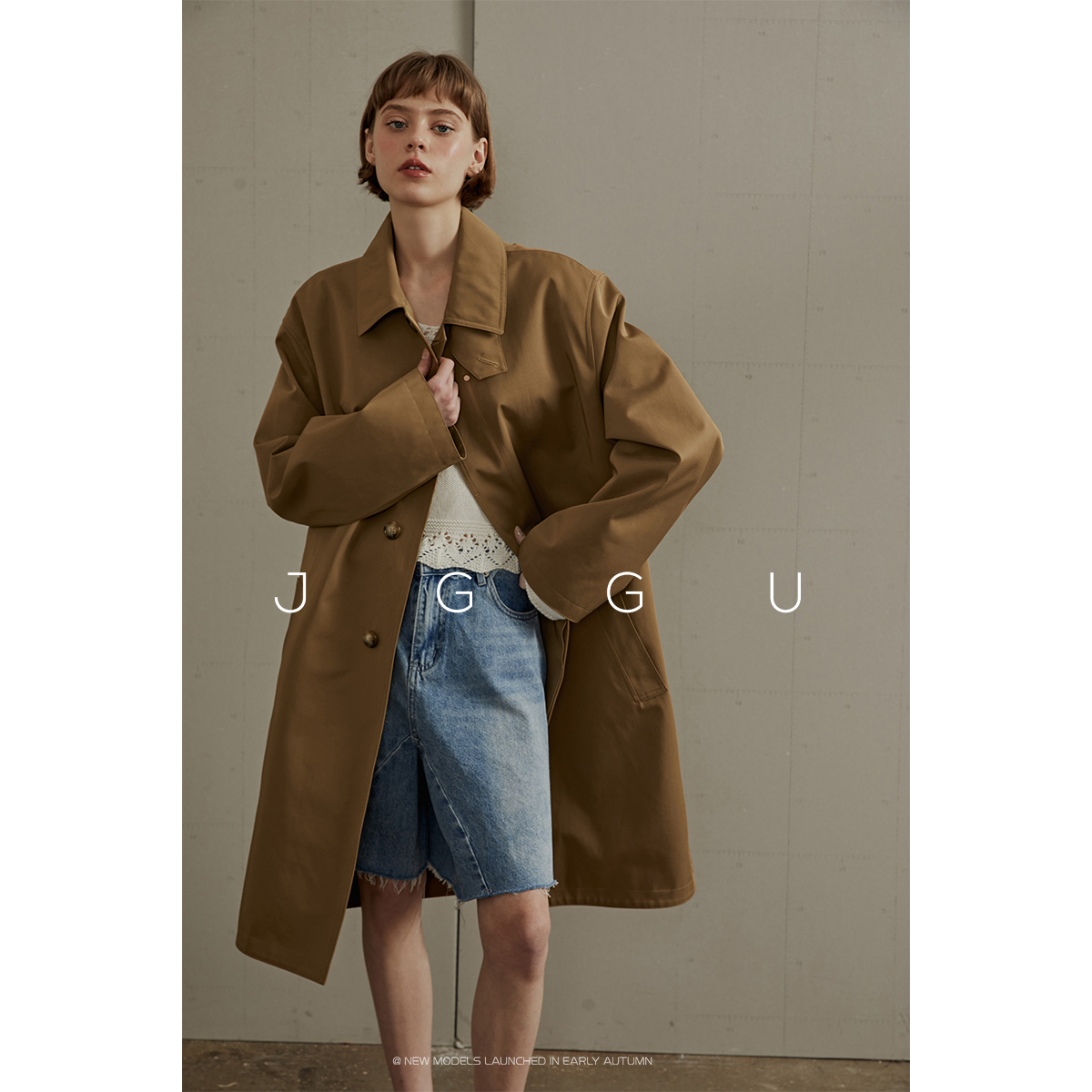 晶咕黑标JGGU高端混纺工艺复古重工高级感极简宽松时髦风衣外套