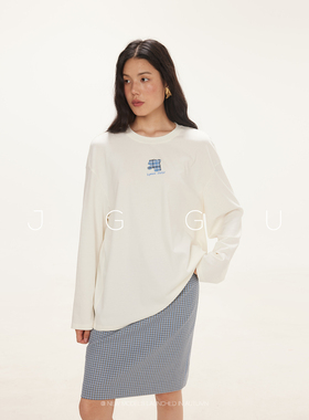 晶咕黑标JGGU【格纹叠映】莱赛尔棉刺绣长袖卫衣T恤休闲宽松上衣