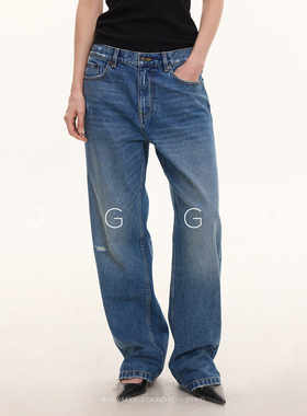 晶咕黑标JGGU 【封神修腿裤】重磅复古水洗破洞弯刀直筒牛仔裤女