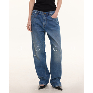 晶咕黑标JGGU 【封神修腿裤】重磅复古水洗破洞弯刀直筒牛仔裤女