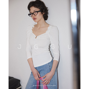 女气质抽皱感上衣小衫 晶咕黑标JGGU甜美私藏立体收腰镂空设计法式