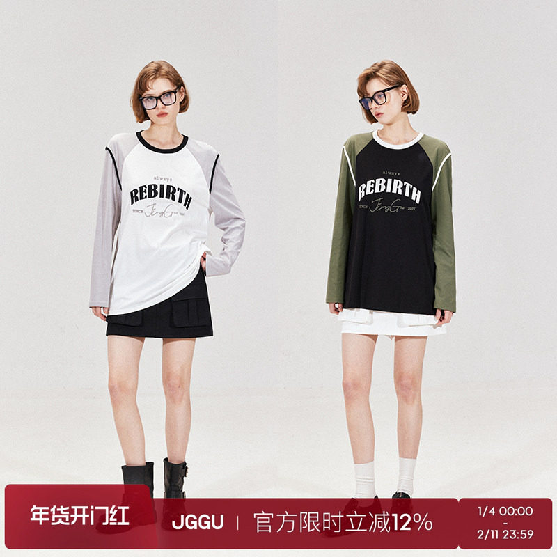 晶咕黑标JGGUcolour碰撞复古感美式运动刺绣撞色插肩女长袖T恤,女装/女士精品,时尚套装,淘宝优惠券,粉丝福利购,淘宝优惠卷