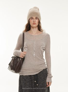 晶咕黑标JGGU【诧寂月光】莱赛尔绵羊毛混纺假两件亨利领长袖T恤