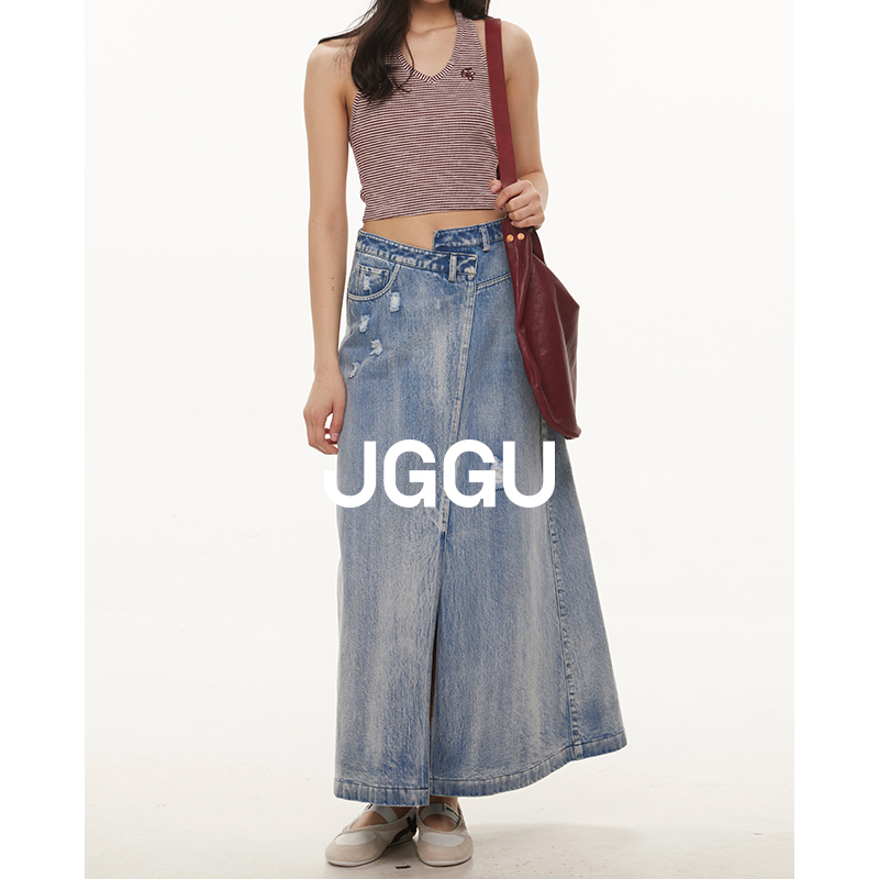 晶咕黑标JGGU【错位层次】100棉磨破感不规则牛仔半裙女时髦裙子