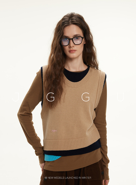 晶咕黑标JGGU【拉夫学院】假三件撞色羊毛刺绣针织叠穿内搭马甲女