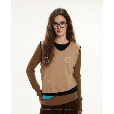 晶咕黑标JGGU【拉夫学院】假三件撞色羊毛刺绣针织叠穿内搭马甲女