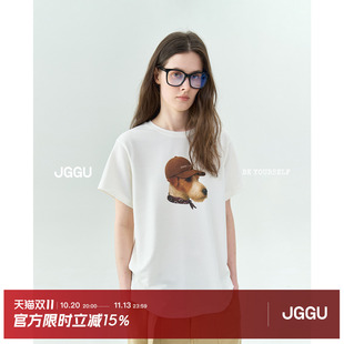 晶咕黑标JGGU 【潮酷小狗】夏季新款戴帽帅气小狗印花短袖T恤上衣