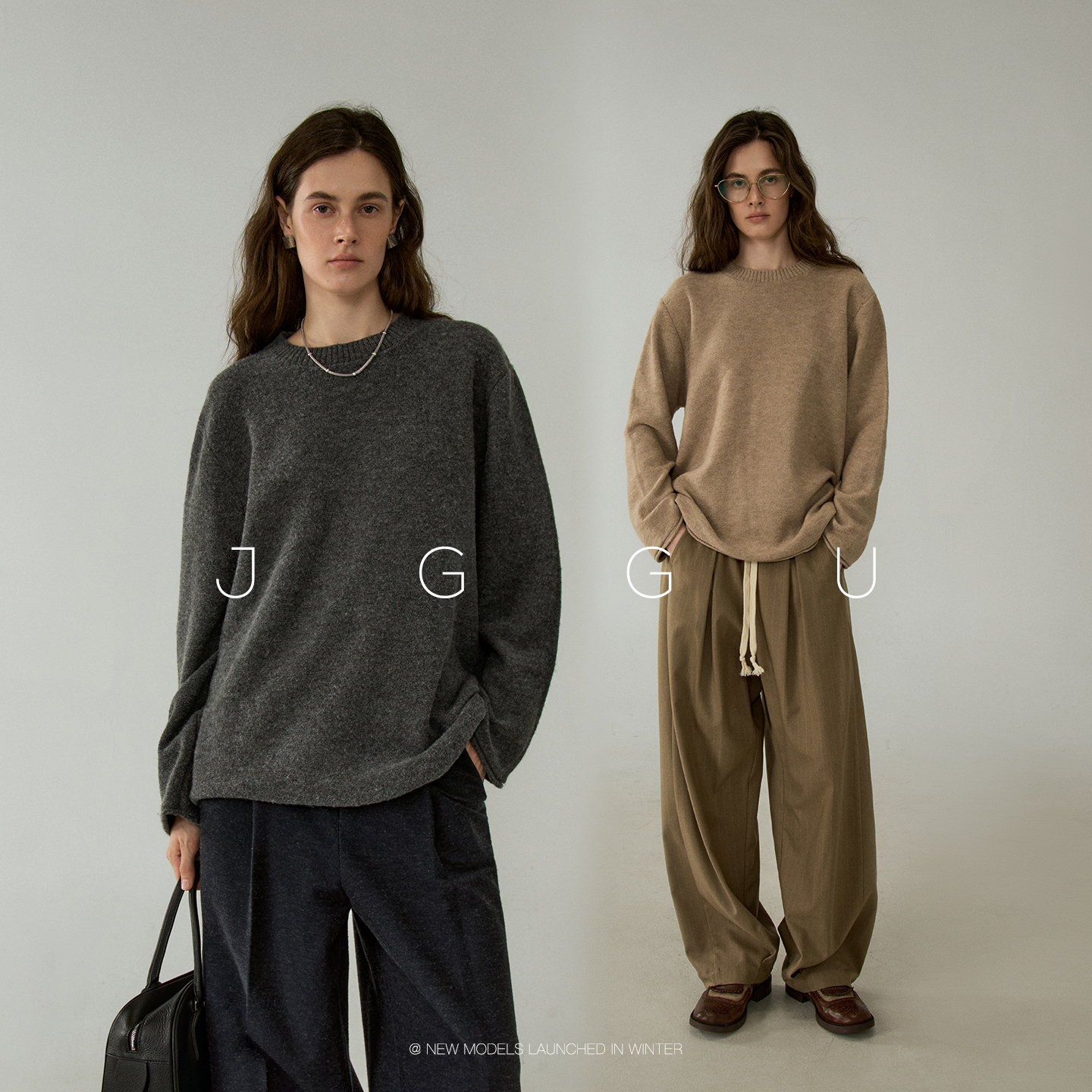 晶咕黑标JGGU【通勤主角】绵羊毛混纺纯色宽松针织衫女冬内搭毛衣