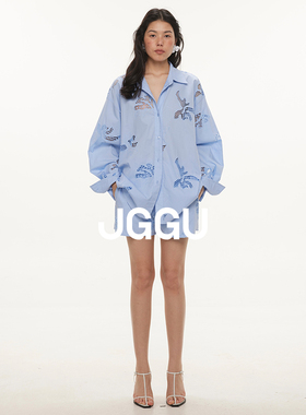 晶咕黑标JGGU【光影游隙】100棉镂空绣花衬衫宽松短裤时髦套装女