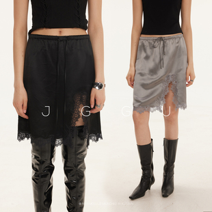 晶咕黑标JGGU【秋夜露芒】2025秋季醋纤混纺松紧腰蕾丝拼接半裙