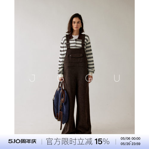 晶咕黑标JGGU【柏林书店】绵羊毛混纺面料老钱感毛呢刺绣背带裤女