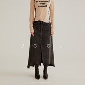 晶咕黑标JGGU女装 分割线小开叉牛仔半裙 复古简约经典 款 单品美式