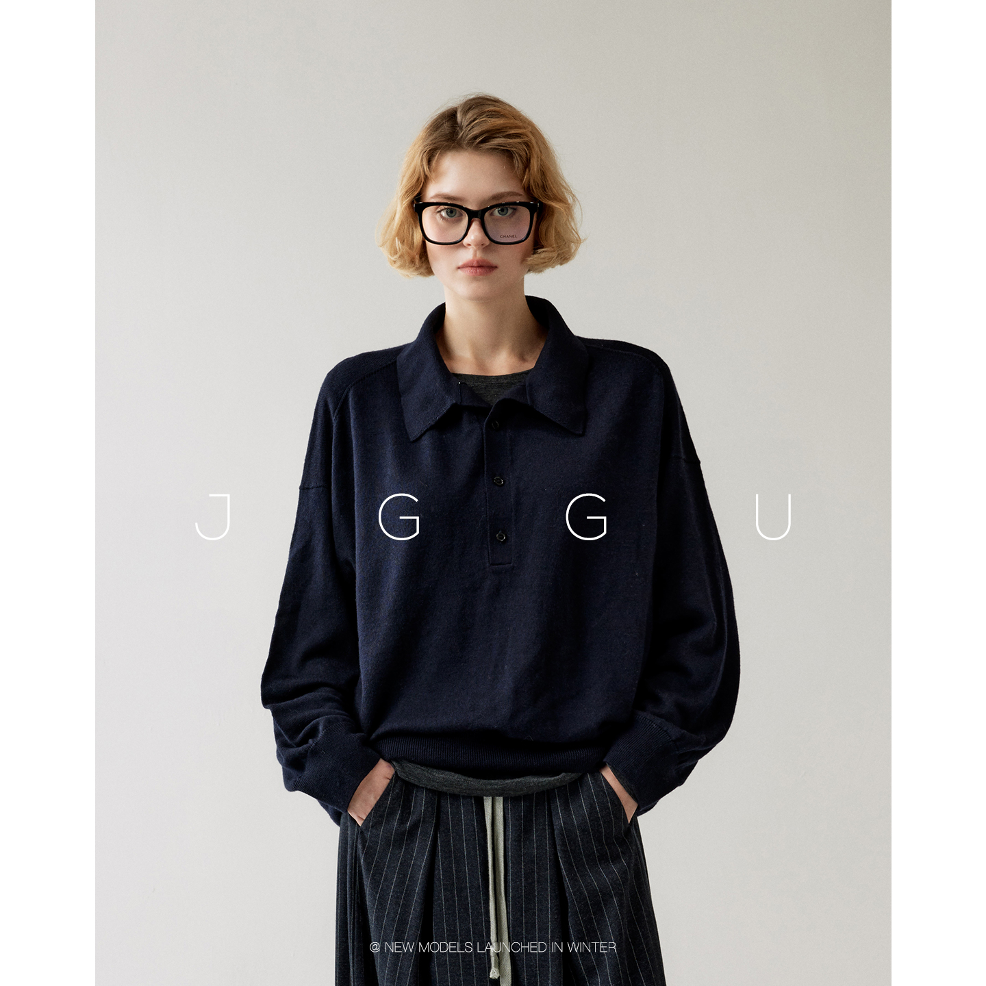 晶咕黑标JGGU【都市日常】羊毛桑蚕丝混纺针织面料翻领长袖针织衫