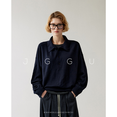 晶咕黑标JGGU【都市日常】羊毛桑蚕丝混纺针织面料翻领长袖针织衫