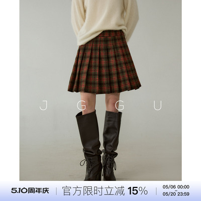 晶咕黑标JGGU【苏格兰小调】少女感撞色格纹绵羊毛半身百褶裙女冬