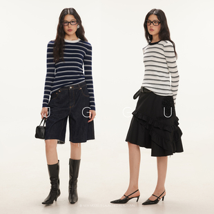 晶咕黑标JGGU【拉夫条纹】2025秋季条纹撞色圆领绵羊毛针织衫女