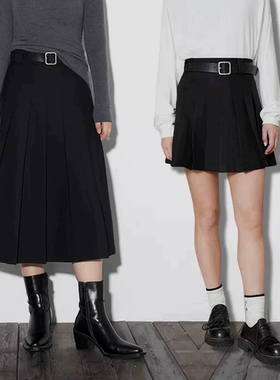 晶咕黑标JGGU腰带压皱百褶半身裙夏减龄学院风百搭裙子