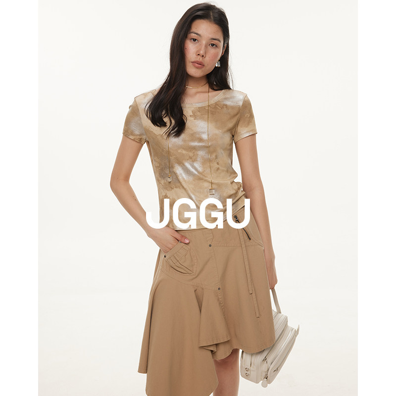 晶咕黑标JGGU【浮光掠金】撒银工艺晕染感印花短袖T恤女修身上衣