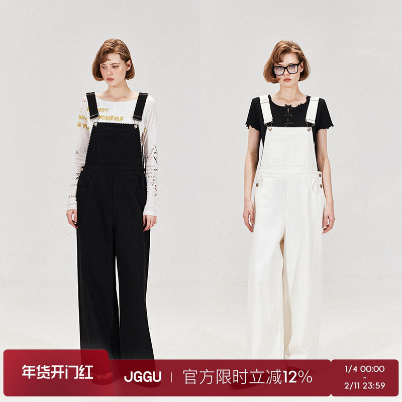 晶咕黑标JGGU【松弛职场】女立体曲牙边水洗牛仔微廓直筒背带裤子,女装/女士精品,休闲裤,淘宝优惠券,粉丝福利购,淘宝优惠卷