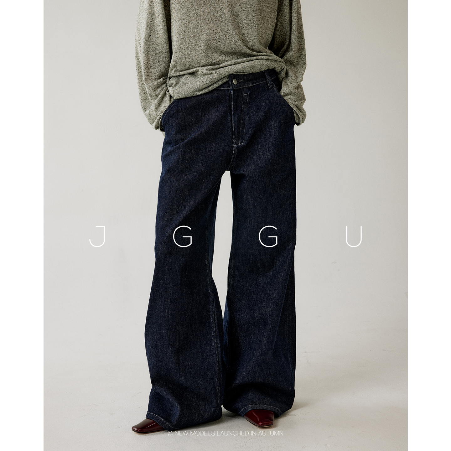 晶咕黑标JGGU【寂静海域】复古水洗弹力牛仔阔腿裤女秋百搭裤子