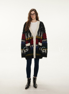 晶咕黑标JGGU【蒙德里安】羊驼毛混纺彩色大V领拉毛开衫外套女冬