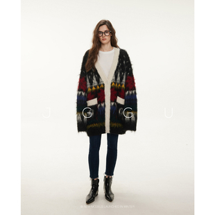 晶咕黑标JGGU【蒙德里安】羊驼毛混纺彩色大V领拉毛开衫外套女冬