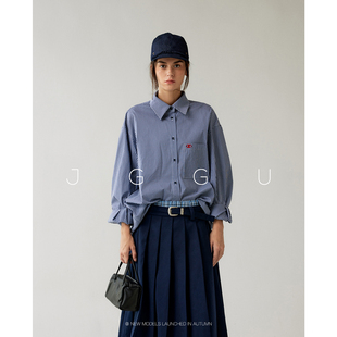 晶咕黑标JGGU【智性格调】复古风刺绣格纹长袖衬衫女秋季百搭衬衣