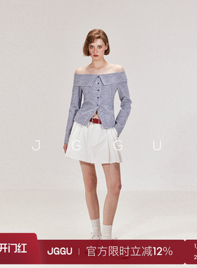 晶咕黑标JGGU【通勤balletcore】100棉条纹肌理一字领收腰上衣