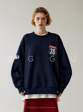 晶咕黑标JGGU【优等生】美式学院风刺绣薄绒圆领卫衣女秋冬内搭