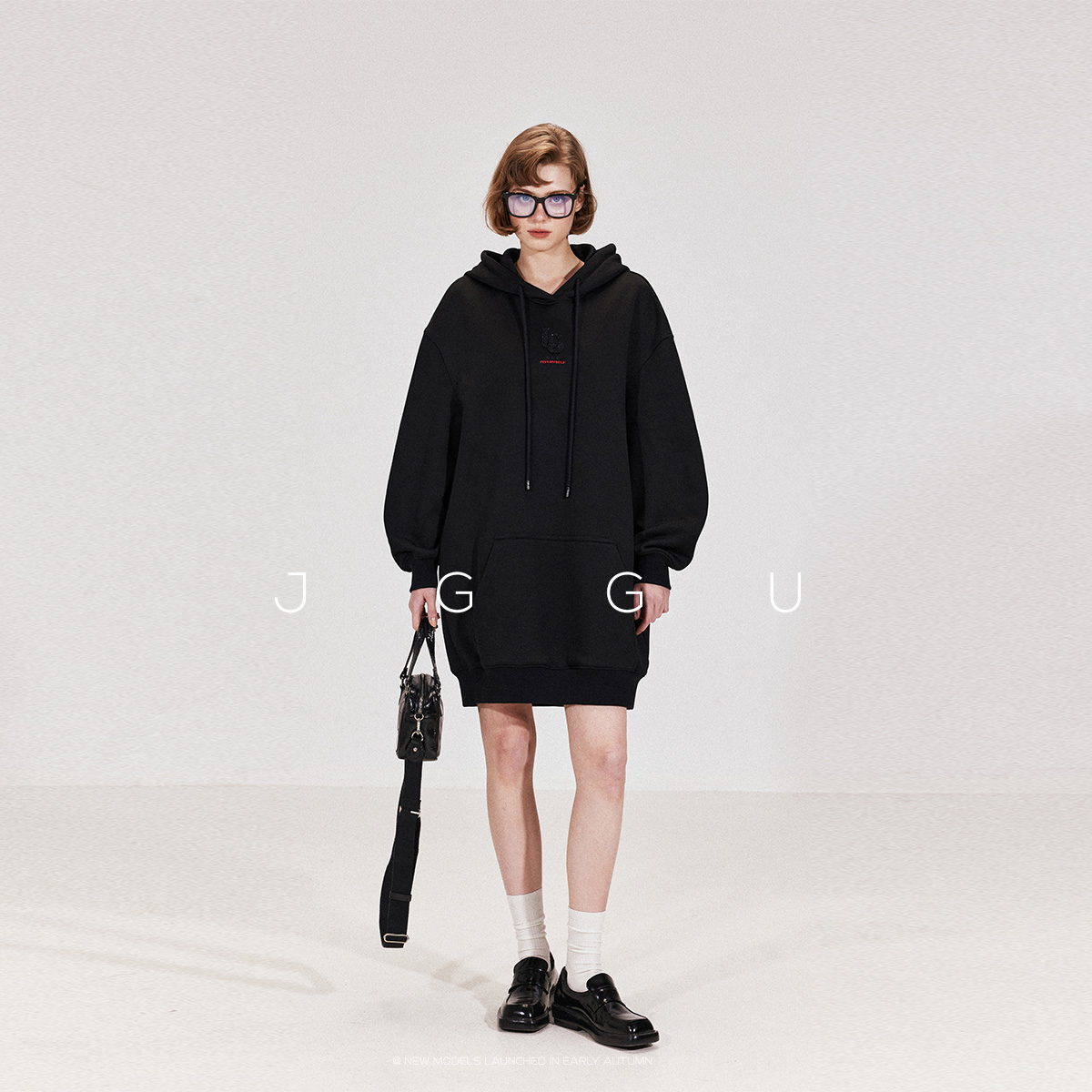 晶咕黑标JGGU【周末时间】100%棉+毛圈肌理珠片刺绣卫衣连衣裙