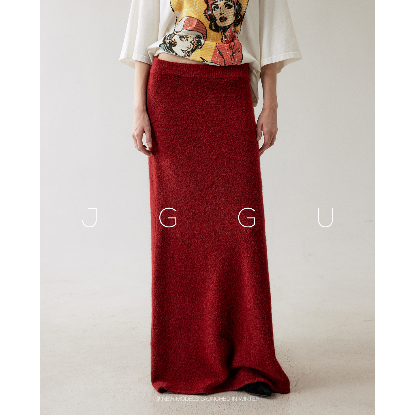 晶咕黑标JGGU【织织暖绒】复古毛绒感高腰松紧半身裙女秋冬内搭裙