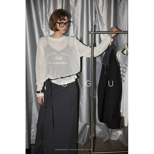 晶咕黑标JGGU【静谧时光】氛围感宽松落肩亚麻棉质感镂空针织衫