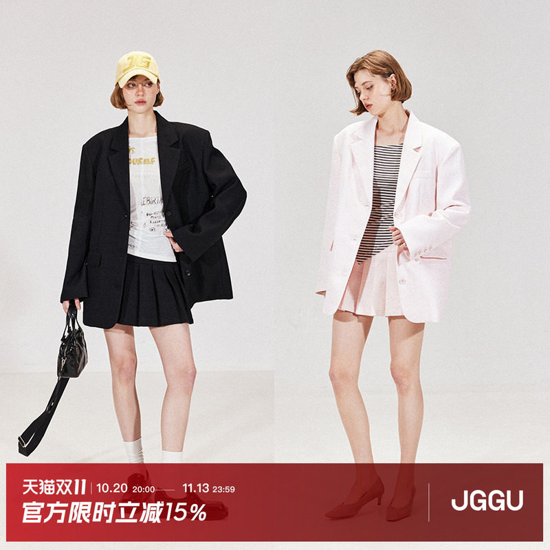 晶咕黑标JGGU生人勿进大宽肩仿麻女小香风西装外套半身裙二件套装