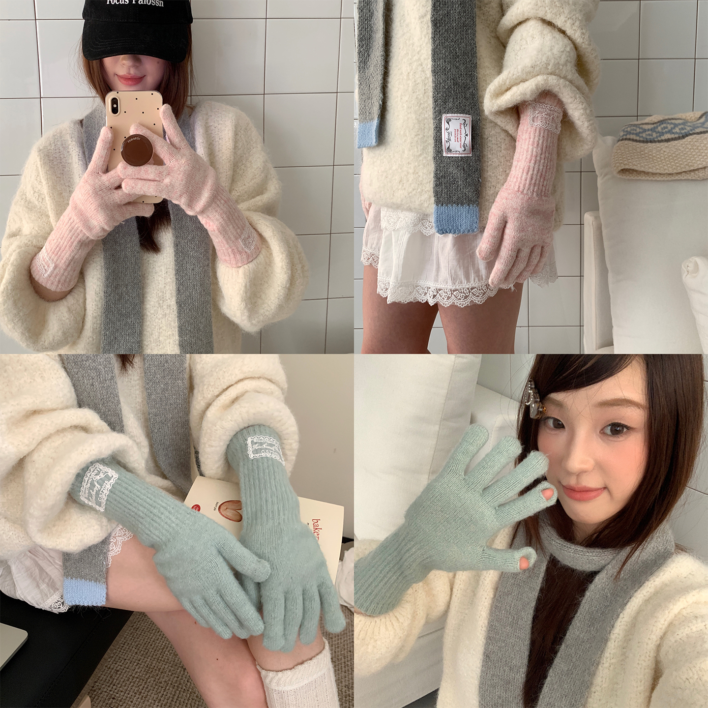 含羊毛可触屏长款针织手套女冬季韩系蕾丝骑行百搭保暖防寒手套