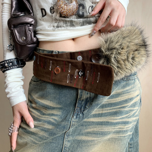 毛毛腰带配饰 棕色美式 小众美拉德琥珀流光宽腰封女装 饰配牛仔裤