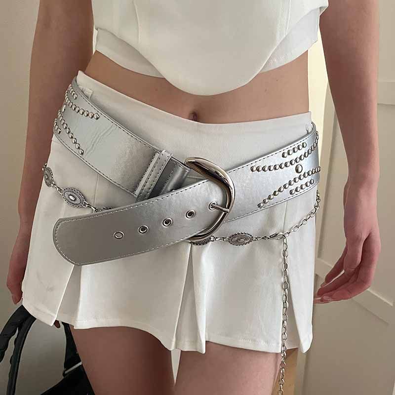 重工铆钉宽版腰带女个性银色摇滚亮面金属扣复古美式宽边辣妹皮带