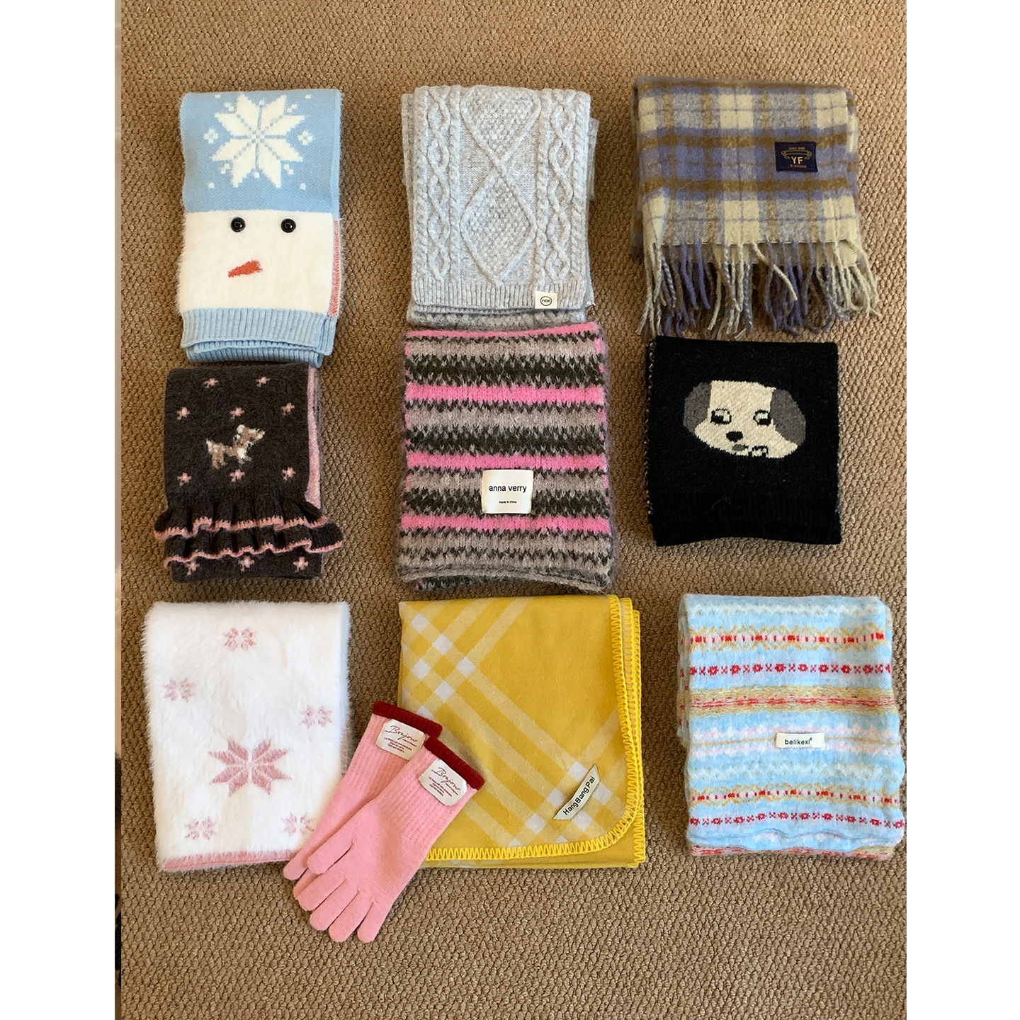 冬日条纹雪花格纹蓝色显白围巾