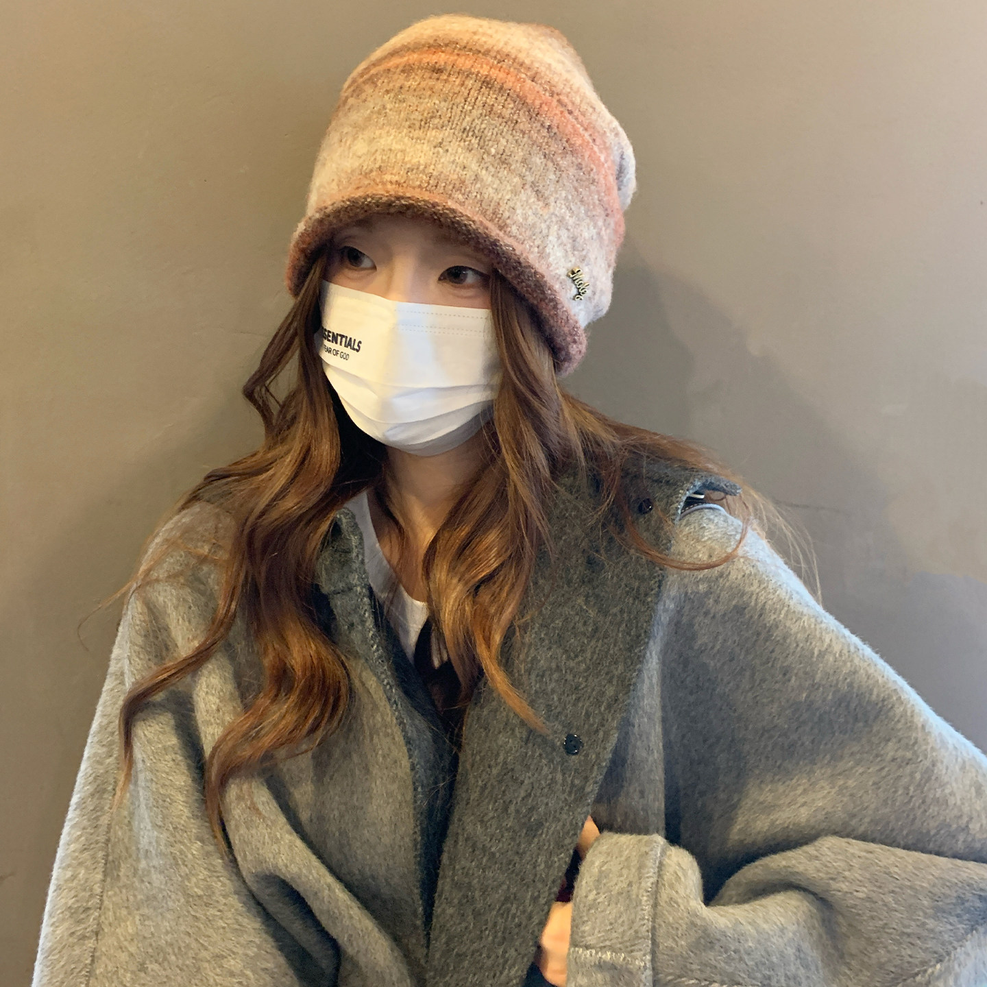 韩版渐变卷边针织堆堆帽女冬款保暖含羊毛冷帽大头围宽松毛线帽子
