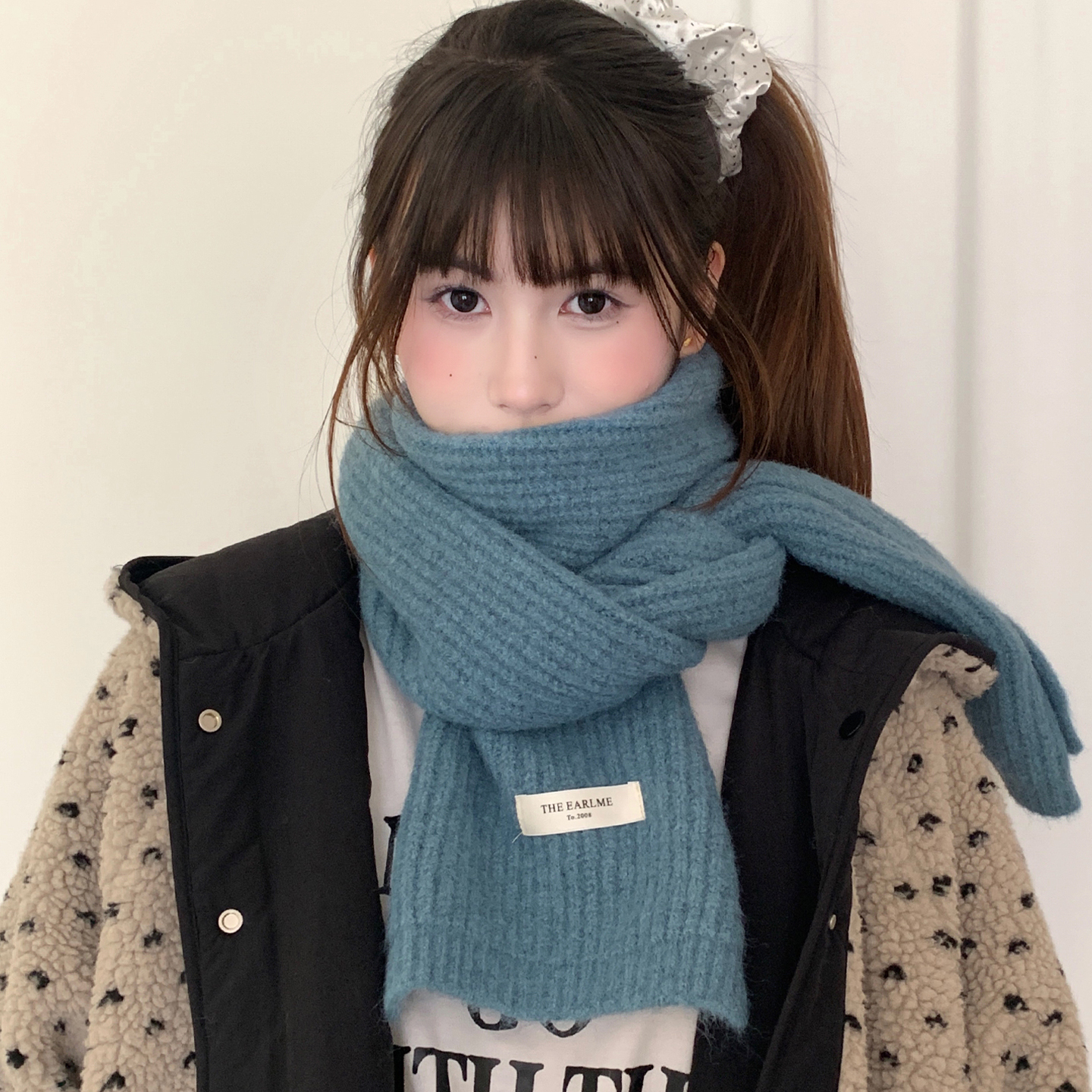 韩版蓝色氛围感针织毛线围巾